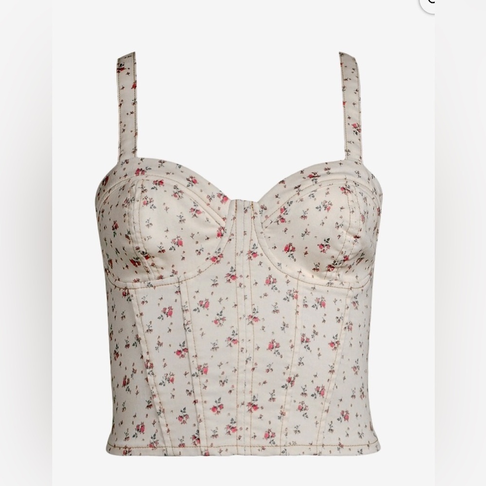 No Boundaries Ivory/Pink Cropped Floral Denim Sleeveless Smocked Corset Top